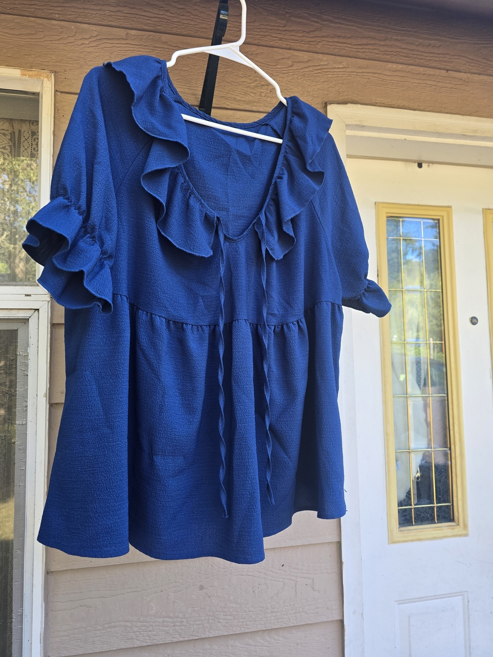 Ruffled V-Neck Peasant Top in Cobalt Blue - XL